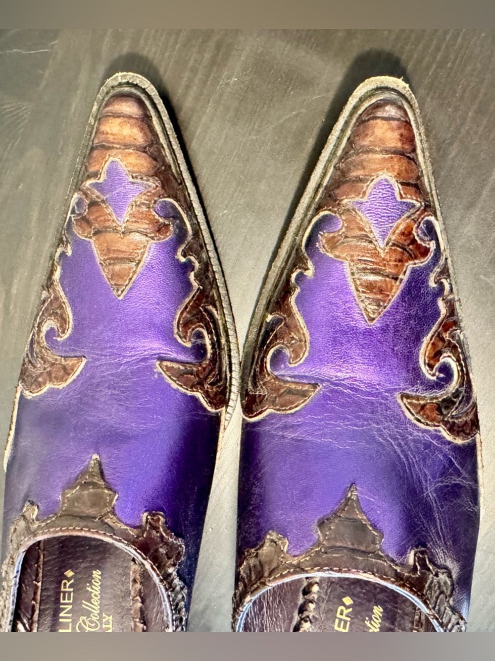 Donald J. Pliner Western Couture Collection Leather Purple Mules with Brown Trim - Picture 8 of 10